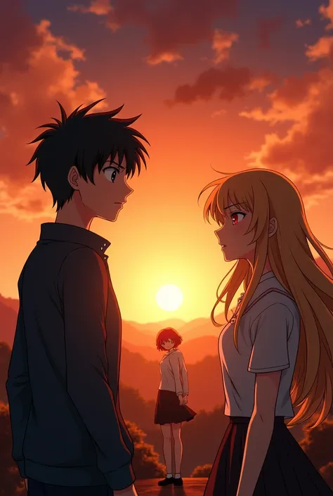 anime characters, um garoto de cabelos pretos e olhos escuros de frente com uma garota dand red eyes e cabelos loiros e longos, and in the background a girl with short red hair, and red eyes, a sunset landscape