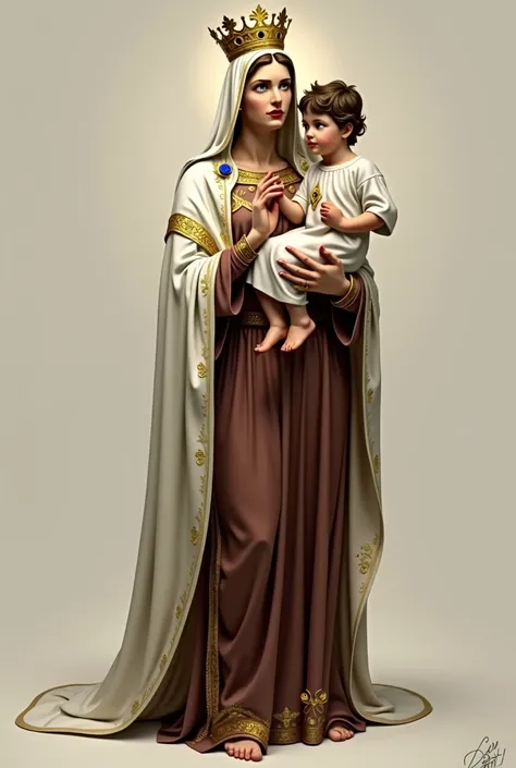 Virgin of Carmen with the child, with a white cape and brown tunic, the Virgin of Carmen, with white tunic the child, realist, with gold accessories, beautiful, The Virgin of Carmen with a crown, the virgin of Carmen standing, that the entire body of the V...