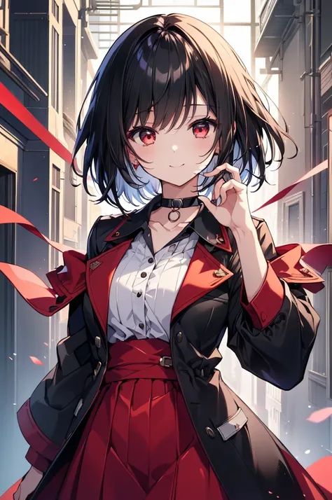 (masterpiece, highest quality, highest quality, (No text), Beautiful and aesthetic:1.2),No text,アニメ、BREAK,One Girl，Black Hair Girl　 adult　short hair　older sister　choker　Beautiful eyes　Red eyes　cool　smile　Black and Red　skirt　Black jacket　whole body　In town