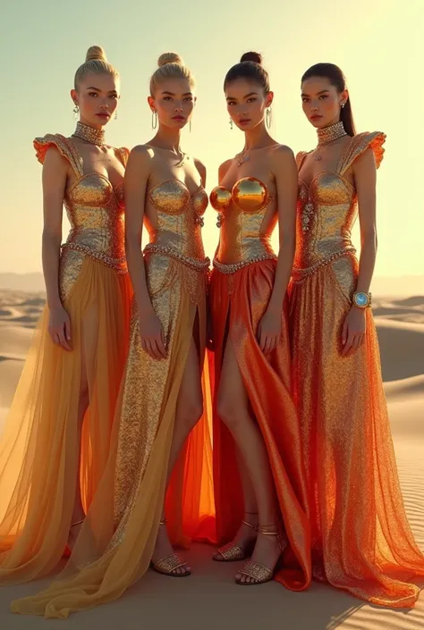 A photorealistic 4K cinematic image of four women standing together in a vast, surreal desert landscape, each dressed in elaborate, futuristic outfits inspired by the intricate designs and vibrant colors of the provided images. The scene captures a moment ...