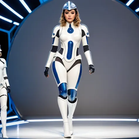 two women. on a stage. white stage outfits inspired by 1960s retro. cyber robot androids. high tech futuristic outfits, outfits ...