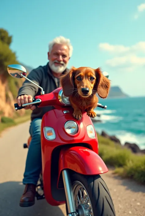 A furry dachshund dog on top of a red motorbike and its owner, a middle-aged man, enjoying the sea 