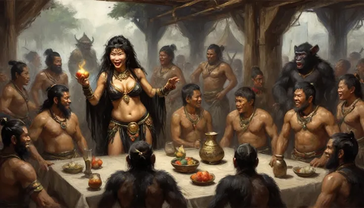 (Black Myth Wukong) A sexy belly dancer (asian woman, large breasts, large butt, sheer dress made of several veils, beetled bra, hourglass figure, laughing face of Black Myth Wukong, dark hairy powerful ape arms) is making a surprised face and shoving a pe...