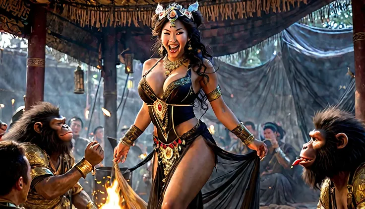 (Black Myth Wukong) A sexy belly dancer (asian woman, large breasts, large butt, sheer dress made of several veils, beetled bra, hourglass figure, laughing face of Black Myth Wukong, dark hairy powerful ape arms) is making a surprised face and shoving a pe...