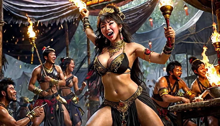 (Black Myth Wukong) A sexy belly dancer (asian woman, large breasts, large butt, sheer dress made of several veils, beetled bra, hourglass figure, laughing face of Black Myth Wukong, dark hairy powerful ape arms) is making a surprised face and shoving a pe...