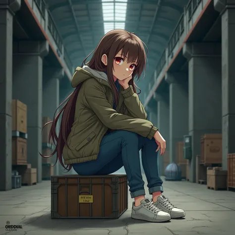 Girl, Brown Hair, Red eyes, parka jacket, blue jeans, white sneakers, sitting on crate, in warehouse, anime 