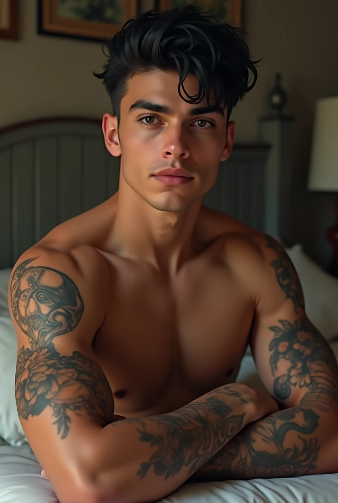 a young man AI high quality muscular tattoo with name “ruy” light skin tanned piercing gaze pink mouth with realistic animated bedroom background
