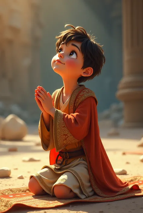 Boy praying on his knees looking up in an animated Israelite robe