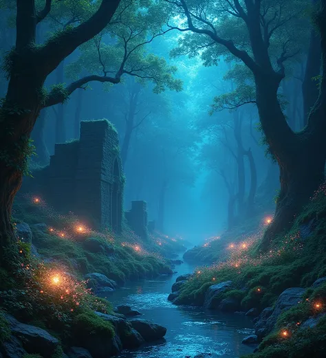 (Luminous Forest:1.3), (bioluminescent trees:1.4), (glowing flowers:1.4), (mystical creatures hidden in the shadows:1.3), (ethereal moonlight filtering through leaves:1.4), (soft mist rolling over the ground:1.3), (ancient stone ruins covered in moss:1.4),...