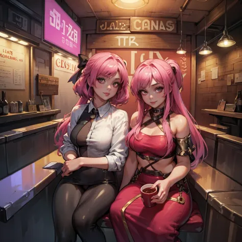 masterpiece, best quality, ((3 girls)), ((multiple women)), ((sitting beside girls)), sitting, ((club background)), pink hair, k...