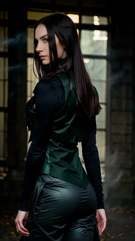 A girl who is an assassin in a fantasy world and has shadow powers. has pale skin, light grey eyes and long dark hair. Wear dark clothes and a dark green vest.. Dark shadows like smoke emerge from his back.