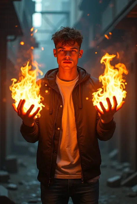 man with fire powers in young clothes
