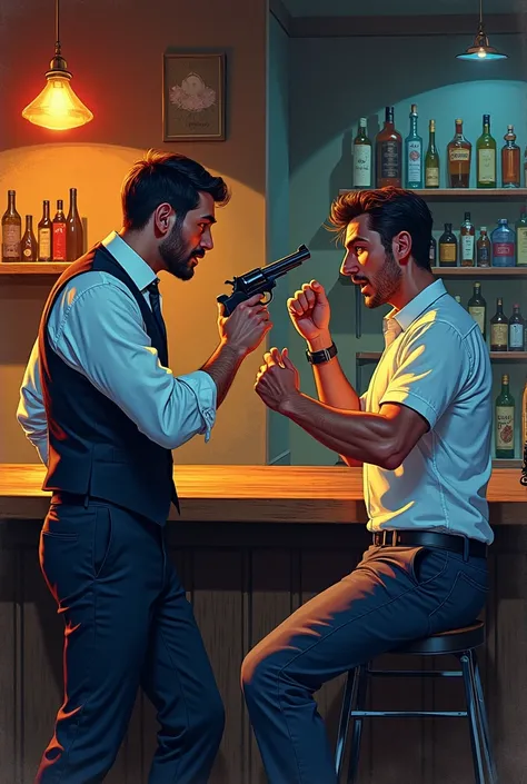 drawn in the form of a colored drawing, a bartender pointing a gun at a scared man