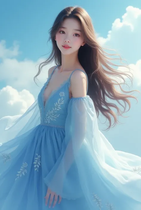 Create a Korean woman with long brown hair in a blue fluffy dress with a blue sky behind her