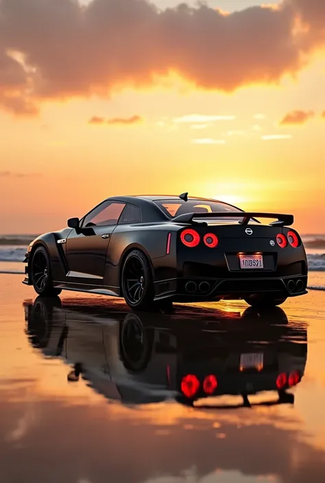 Black nissan GTR R32 parked in beach side looking sun set