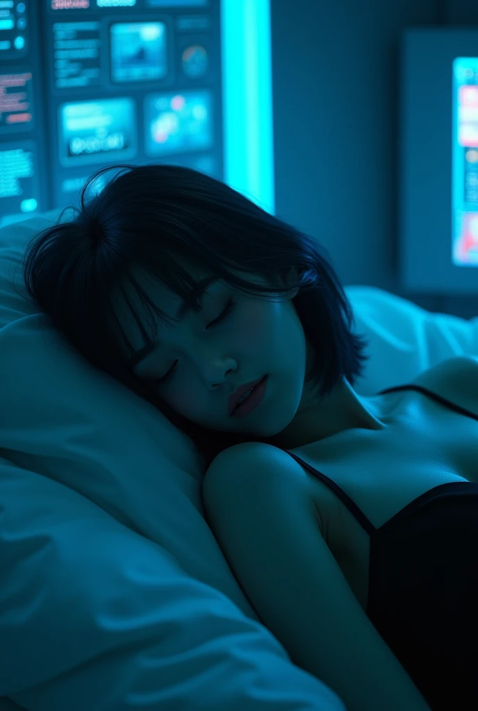 cyberpunk girl black hair sleep background bluelight