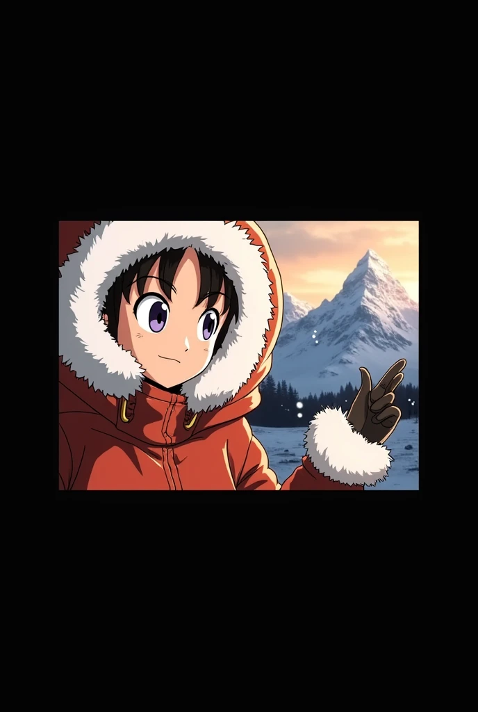 Pan (dragonball gt), fur-trimmed parka, hood up, snow, winter, mountains,