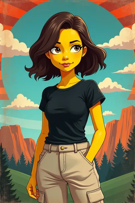 Simpsons poster 1 girl, with dark brown hair, medium long, with brown eyes, dressed in light cargo pants and a black blouse 
