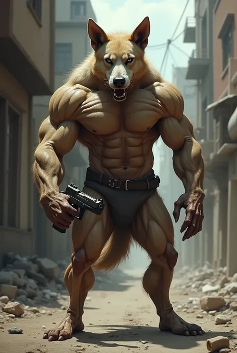 Stray dog with the body of a muscular man with a gun in his hand 