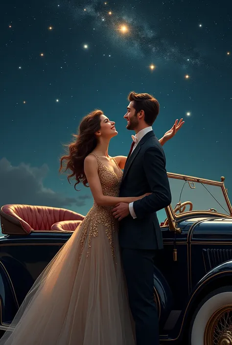 White woman with brown hair, in a ball gown next to a man in a suit. The woman points the stars to the man. The sky must be starry. They must be in a fancy old black car. Laughing they are. It takes place in a richer time, chic and old. It must be night. I...