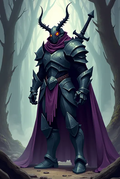 masculine, knight of a game, estilo 2d, Estilo Hollow Knight, insect, humanoid, a crack in the eye, dark purple cape, sword in the back,