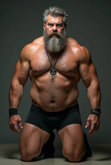 a middle-aged man, looking straight ahead, shirtless, with two large pectorals, erect and very large nipples, sweaty, with beard, with gray hair, with a punk necklace, with a black boxer, with long stockings that reach to their knees, sweaty y arrodillado.