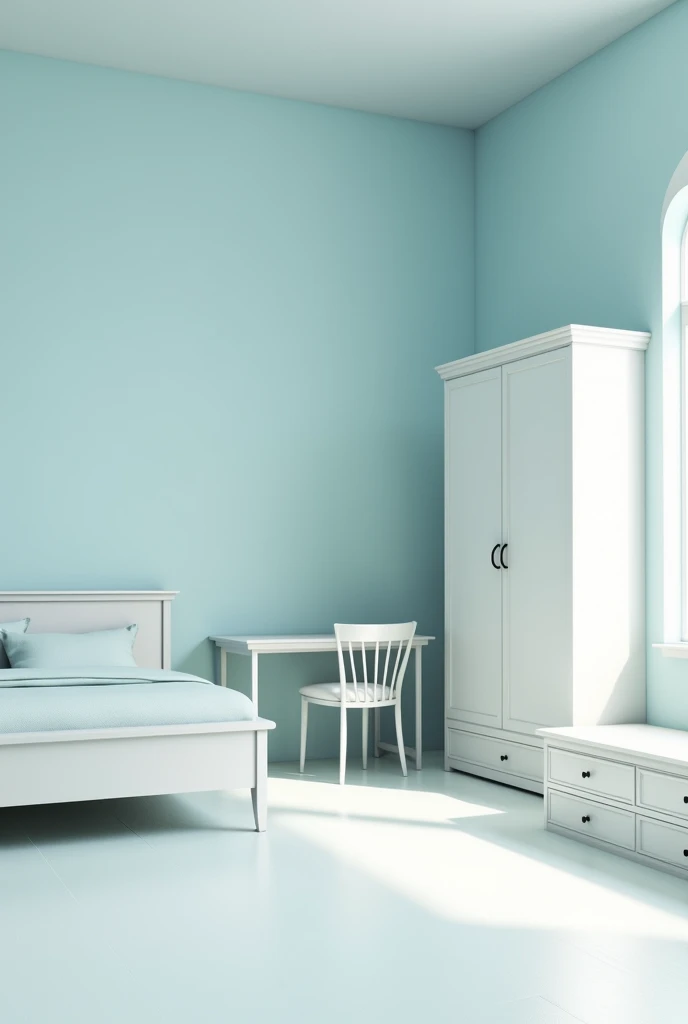 In my bedroom, there is a bed, a small desk, and a wardrobe. The walls are light blue, and the furniture is white.