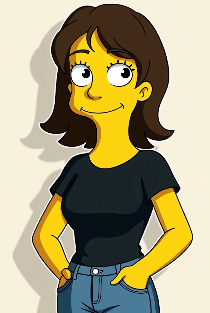 Simpsons poster 1 girl student, with dark brown hair, with brown eyes, dressed in jeans and a black blouse 
