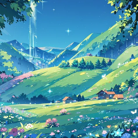 anime inspired greenery landscape alps with bright blue glass like sky shining twinkling sparkling effect(bokeh effect)