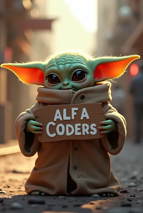 Baby Yoda, holding a sign that says "Alfa C0ders", detailed facial features, toon,  8k, high resolution, best quality, masterpiece, ultra-detailed, cinematic lighting, dramatic pose, powerful, dynamic, vibrant colors, digital art