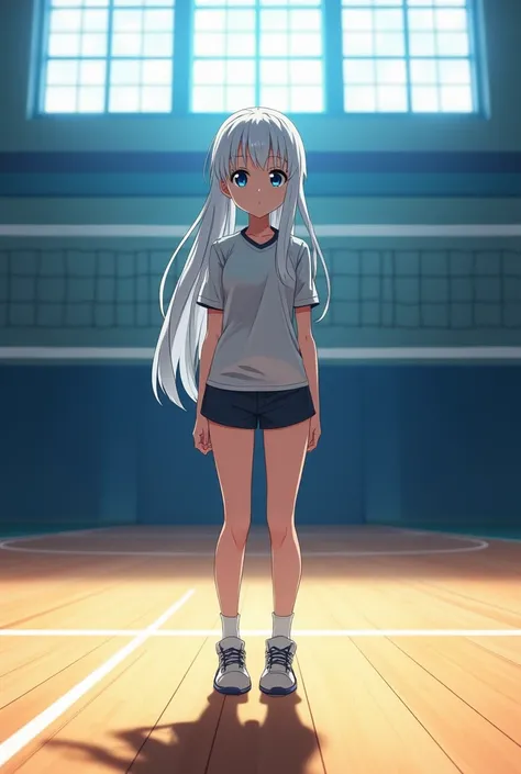 A girl with blue eyes and white hair, very long straight. Haikyuu anime traits, the girl on a court.