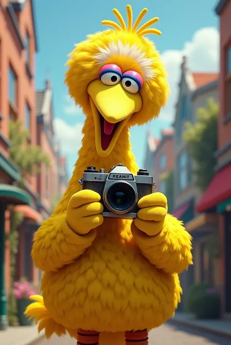 Big bird from sesame street taking a photo with his camera