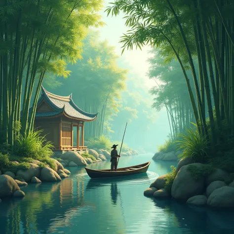 a lush bamboo grove, a quiet stream running by, a rustic bamboo hut, a fisherman in a small boat, (best qualityer,4K,8k,high resolution,work of art:1.2),ultra detali,(realisitic,photorealisitic,photo-realisitic:1.37),swirly vibrant colors,natural lighting,...