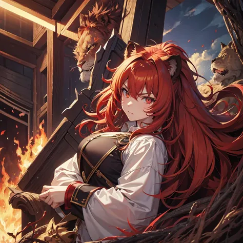 (masterpiece), best quality, expressive eyes, perfect face, aries, werebeast, hot, protector, solider, female, red hair,, guard, anime, beastial, anime, headshot, no human ears, fire, hairy bearded, warrior, massive lion mane, long and massive hair, sharp ...