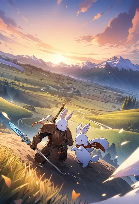 Animagine XL, anime, genshin, detailed illustration, dynamic angle, ultra-detailed, illustration, beautiful illustration, elegant illustration, bunnykin, anthropomorphic rabbit, 1man, leather armor, spear, valiant, lithe, , long ears, farmland, hills, irri...