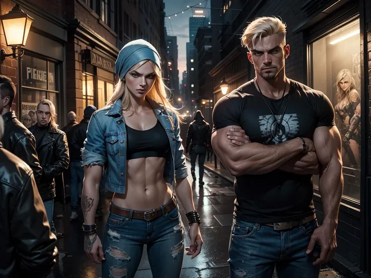 modern day, dramatic comic book art, a female gangmember, tall, strong, platinum blond, mid 30s, angular features, angular facial features, square jaw, strong jaw, confident. she wears a torn jean jacket over a sports bra, torn jeans, dew rag. cobra tattoo...