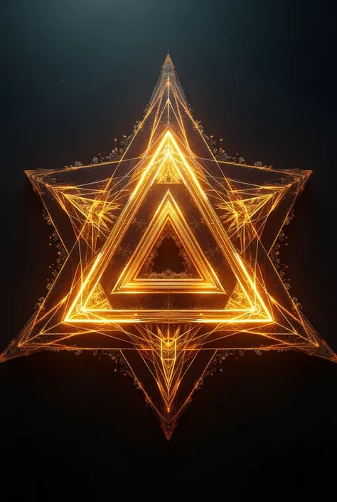 A detailed view of a triangle-shaped object set against a dark background, surrounded by a golden fractal border. The design features triangular elements with a golden neon glow, forming a perfectly symmetrical pattern. This computer-generated image showca...