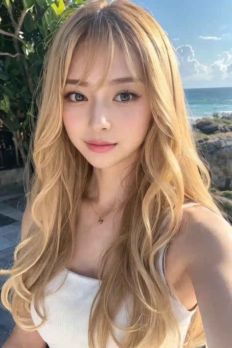 Long Hair,Curly Hair,White beige hair color:1.2,、Sunburn:1.5,Selfie:1.5、masterpiece、Highest quality、非常に精細な8k、Ultra HD、Very detailedな、Very detailed、とてもRealistic、Realistic、Japanese、One person&#39;S、High head rate、Beautiful realistic face、Realistic face in ev...