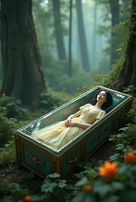 snow white lay down at a coffin glass