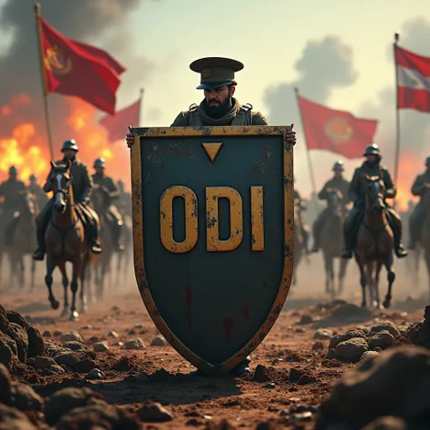 Small shield with the name ODI in capital letters, in a war environment with soldiers from the First World War behind, horses with flags of Hispanic countries and weapons, blood and explosions