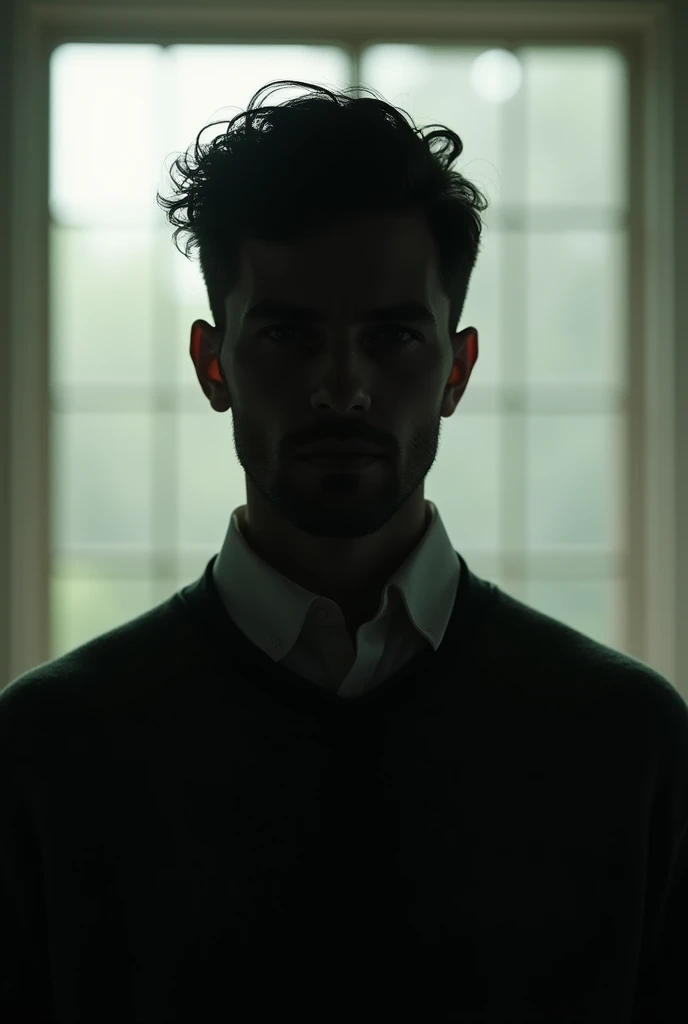 one  men, with gentle and mysterious appearance, with the face completely dark, wearing a sweater, light background theme