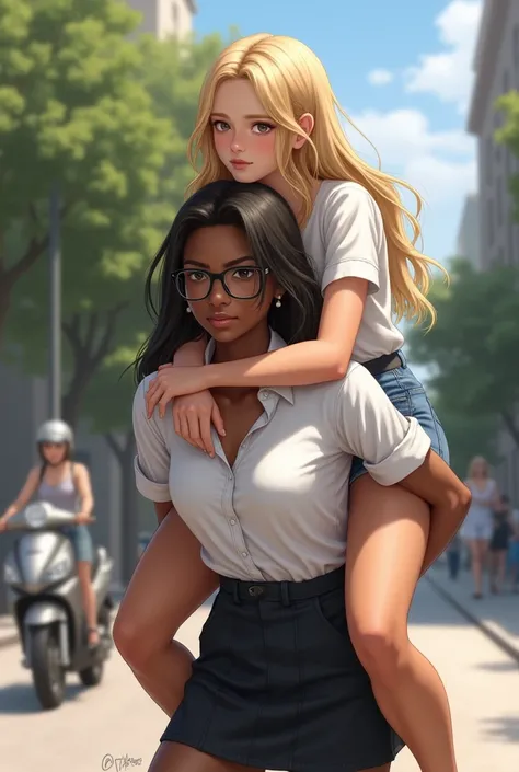 Create a realistic image of a young woman, 1, very thin, with black and dark skin, wearing a white shirt and black skirt and glasses, carrying on his shoulders a young woman of 25 years of age, with light white skin, blonde hair long, slim body, wearing a ...