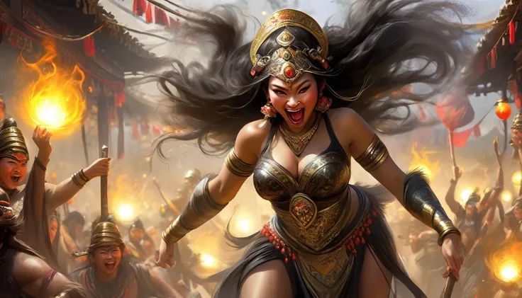 (Black Myth Wukong) A sexy belly dancer (asian woman, large breasts, large butt, sheer dress made of several veils, beetled bra, hourglass figure, laughing face of Black Myth Wukong, dark hairy powerful ape arms) is making a surprised face and shoving a pe...