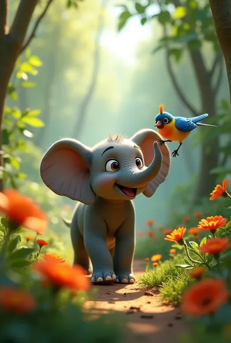 Mali excitedly running through the jungle, playing with colorful birds and sniffing bright wildflowers, while her mother Tara walks calmly behind her, ever watchful with large, twitching ears.in 3d animation a little elephant