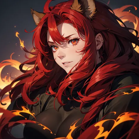 (masterpiece), best quality, expressive eyes, perfect face, aries, werebeast, hot, protector, solider, female, red hair,, guard, anime, beastial, anime, headshot, no human ears, fire, hairy bearded, warrior, massive lion mane, long and massive hair, sharp ...