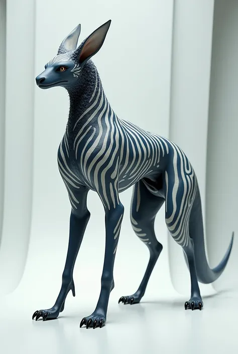 A sleek bipedal creature with cool design pattern and stripes and is fluffy.