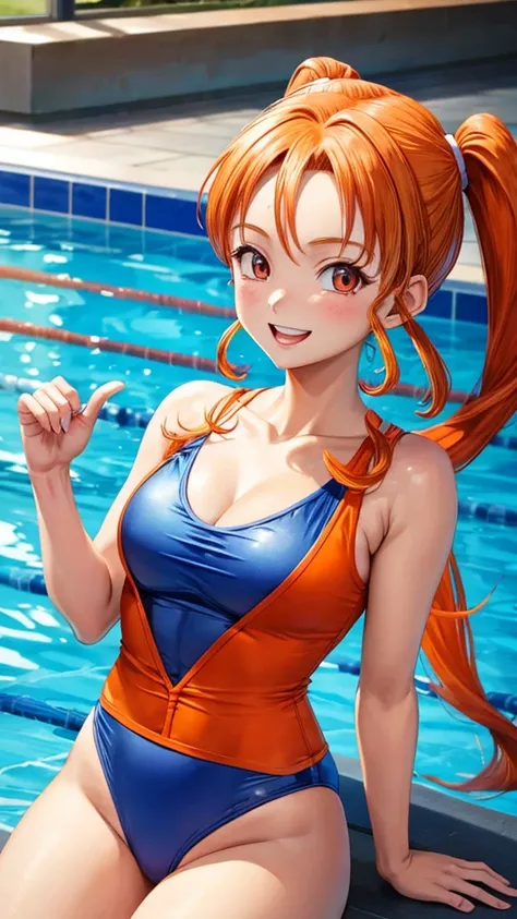 Jessica Albert (Dragon Quest), Jessica Albert, 1 woman, orange re-sinngu swimsuit with v neck, short pigtails, orange hair showing on forehead, beautiful, masterpiece, best quality, smiling face, looks in the eye of the beholder, Indoor poolside