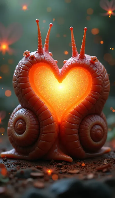 Two fantasy alien snails in love, Red glowing heart shell, Love is everywhere, Very detailed, Realistic texture, Complex, Tiny glowing heat flies , 