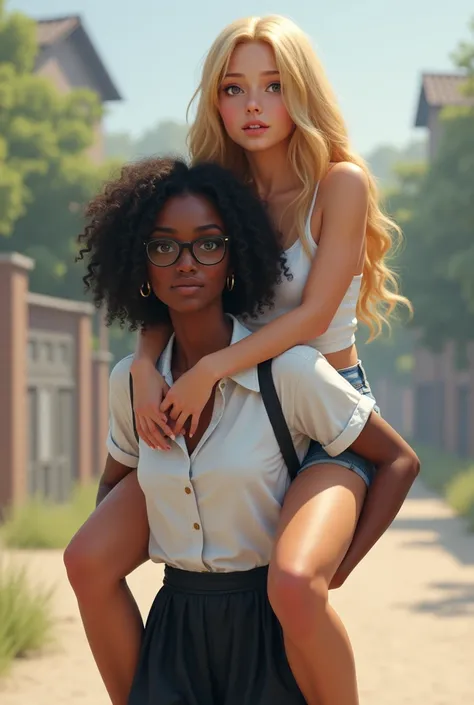 Create a realistic image of a young woman, 1, very thin, with black and dark skin, wearing a white shirt and black skirt and glasses, carrying on his shoulders a young woman of 25 years of age, with light white skin, blonde hair long, slim body, wearing a ...