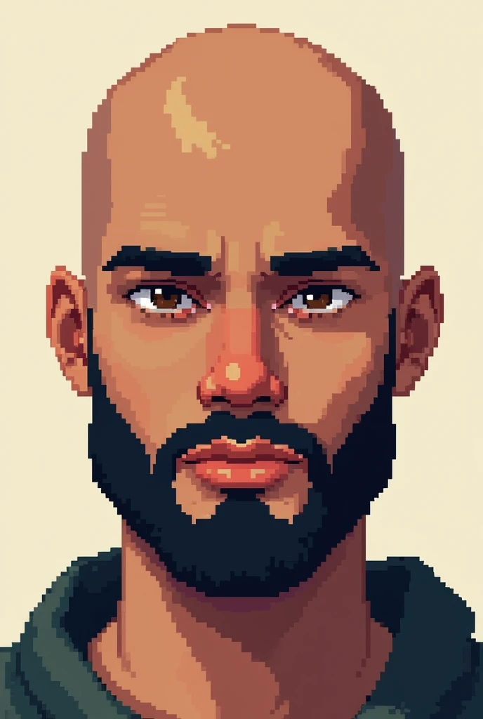 create a drawing of a bald pixel teenage style male character, light brown skin, black beard and brown eyes.